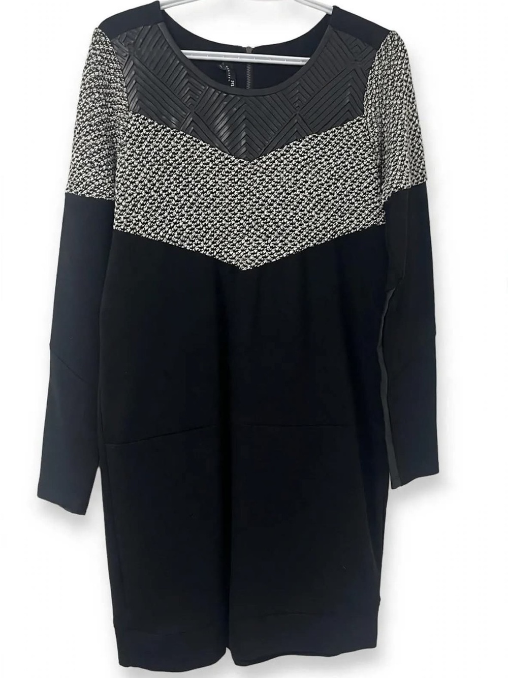 Mélissa Nepton Size L Black Mixed Media Dress Tweed Faux Leather Panel Designer